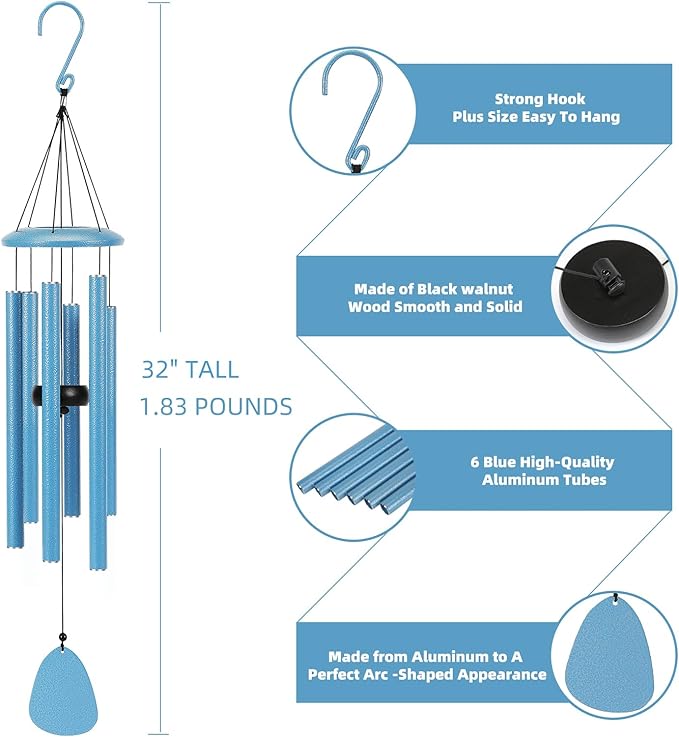 FSVGYY Wind-Chimes-Outdoor-Deep-Tone, Large Soothing Melodic Tones Mobile Windchimes, Wind Chimes for Outside, Memorial Wind Chime Best Gift for Mom Women Grandma Neighbors(32" Blue Coated Aluminum)