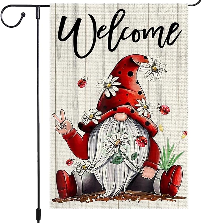 Welcome Garden Flag 12x18 Inch Double Sided with Spring Gnome, Daisies, Ladybugs, and Wooden Fence for Outdoor Yard Decoration