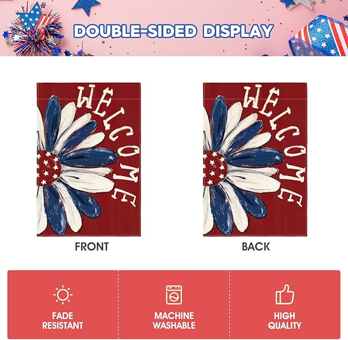 AVOIN colorlife Patriotic 4th of July Garden Flag 12x18 Inch Double Sided Outside, Memorial Day Red Floral Welcome Daisy Yard Outdoor Decoration