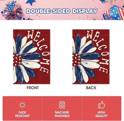 AVOIN colorlife Patriotic 4th of July Garden Flag 12x18 Inch Double Sided Outside, Memorial Day Red Floral Welcome Daisy Yard Outdoor Decoration