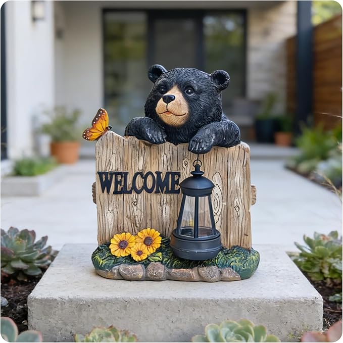 Garden Black Bear Welcome Sign with Solar Lantern, Decorative Outdoor Statue with Butterfly and Sunflowers, Lawn and Porch Decor