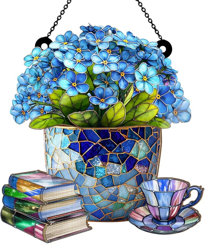 Jesuspirit - Window Hanging Suncatcher – Crystal Clear Acrylic & Wood Sun Catcher for Home Decor, for Women (Forget-Me-Not, Books, and Tea, 8 Inches)