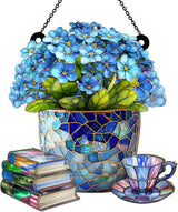 Jesuspirit - Window Hanging Suncatcher – Crystal Clear Acrylic & Wood Sun Catcher for Home Decor, for Women (Forget-Me-Not, Books, and Tea, 8 Inches)