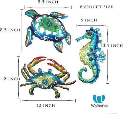 Weibefee Metal Sea Turtle Seahorse Crab Beach Themed Bathroom Wall Art Mother's Day Decor, Ocean Themed Wall Mother's Day Decorations Gift for Home Bathroom,10 Inch, Set of 3…