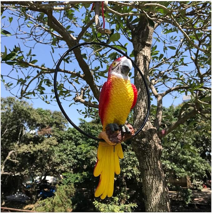 Hanging Parrot Statue Sculpture On Metal Round Ring Decor for Patio Garden Lawn and Nature Lovers Tropical Bird Collectors by Gifts, 10 inches Long Yellow