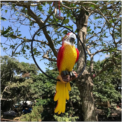Hanging Parrot Statue Sculpture On Metal Round Ring Decor for Patio Garden Lawn and Nature Lovers Tropical Bird Collectors by Gifts, 10 inches Long Yellow