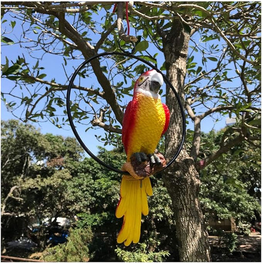 Hanging Parrot Statue Sculpture On Metal Round Ring Decor for Patio Garden Lawn and Nature Lovers Tropical Bird Collectors by Gifts, 10 inches Long Yellow