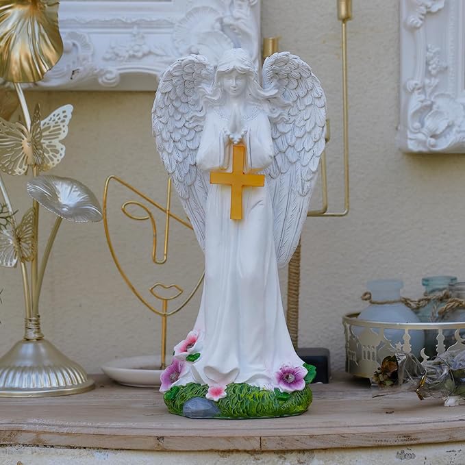 Solar Angels for Outside Garden, Angel Statue with Cross for Yard Lawn Patio Balcony, Chrisstmas, Memorial Gifts for Mom, Grandma, Women, 12 Inch,Resin