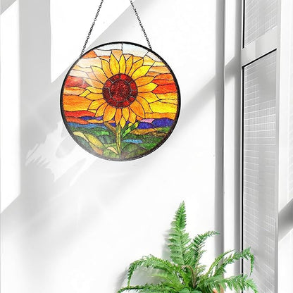 Bimkole Sunflower Stained Glass Suncatcher Window Hanging - Sunset Design for Indoor Window or Doorway Decoration - 7.87x7.87 inch with Chain and Hook - Unique Home Decor Gift