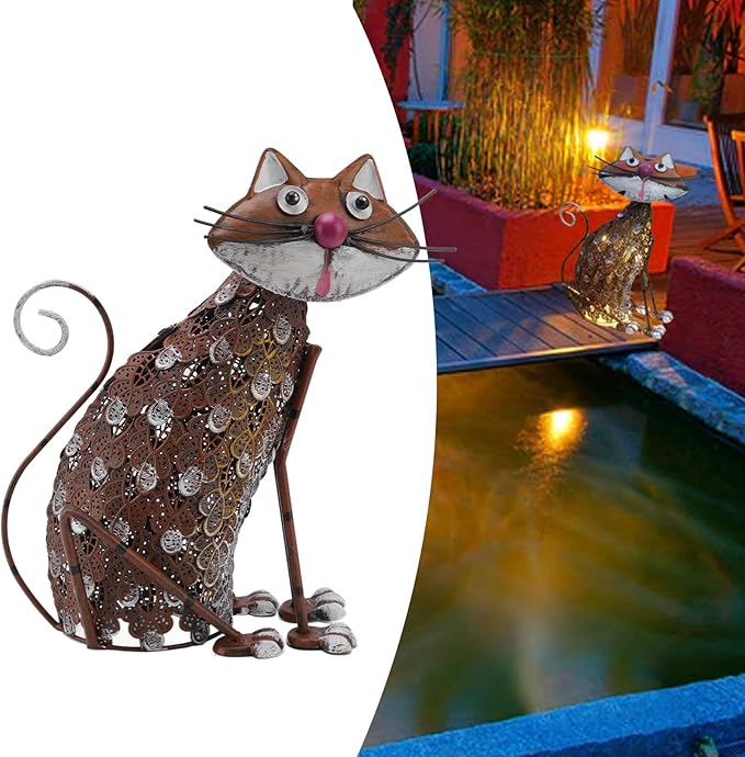 FLEXMAN Solar Lamp, Cat Figurine Patio Ornament Light Solar Lanterns Iron Outdoor cat Statues Garden Decor for Lawn, Patio, Backyard, Road Front Porch