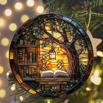 Forest Library Bookshelves Acrylic Suncatcher Stained Glass Effect Window Car Hanging Christmas Ornament Indoor Outdoor Decor Garden Sun Catcher Panel for Book Lover for Women Mom Grandma