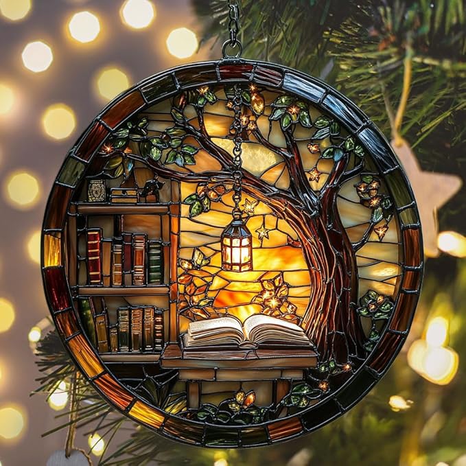 Forest Library Bookshelves Acrylic Suncatcher Stained Glass Effect Window Car Hanging Christmas Ornament Indoor Outdoor Decor Garden Sun Catcher Panel for Book Lover for Women Mom Grandma
