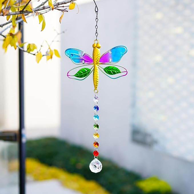 14'' Dragonfly Decor Stained Glass Suncatcher for Windows Hanging Crystal Sun Catcher Prism Rainbow Maker Pendant Ornament for Christmas Tree