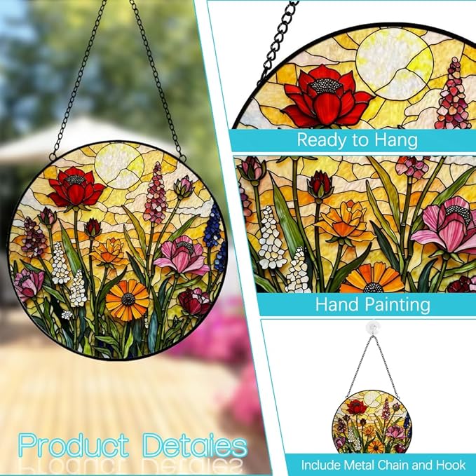 Wildflowers Suncatcher Stained Glass Window Hanging - 8 Inch Colorful Flower Sun Catchers Plant Suncatchers for Windows Hanging - Handmade Sun Catcher Glass Panel Decoration for Home Garden Sunroom