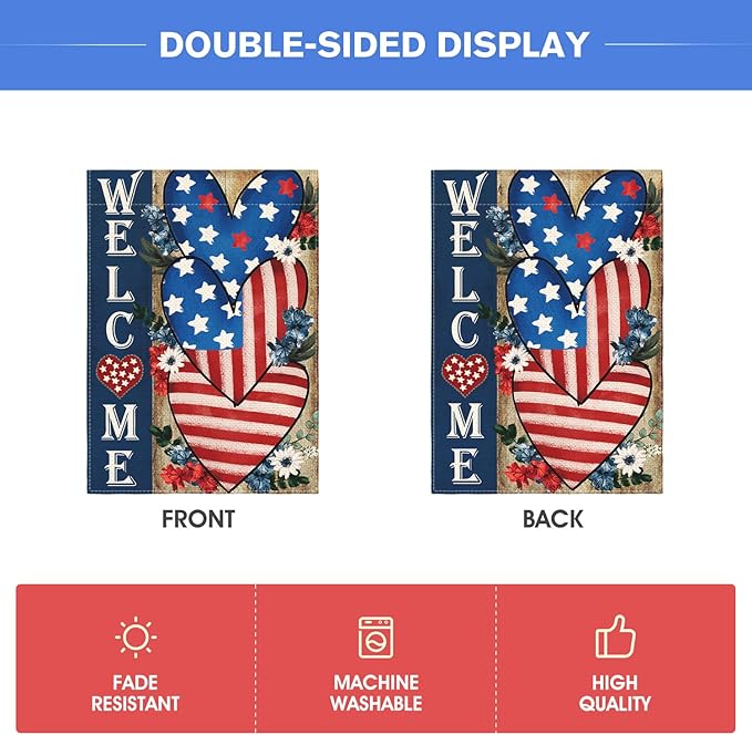 AVOIN colorlife Patriotic 4th of July Welcome Garden Flag 12x18 Inch Double Sided, Memorial Day American Stars and Stripes Love Heart Yard Outdoor Decoration