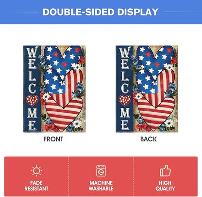 AVOIN colorlife Patriotic 4th of July Welcome House Flag 28x40 Inch Double Sided, Memorial Day American Stars and Stripes Love Heart Yard Outdoor Decoration