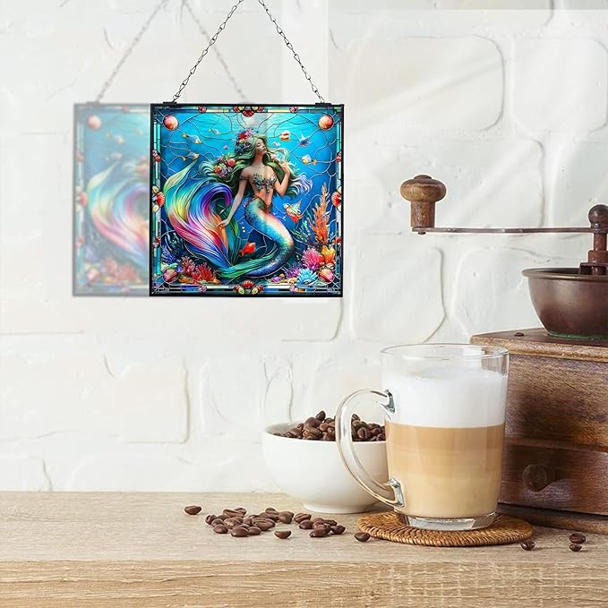 Mermaid Stained Glass Window Hanging Sun Catcher Halloween Haning Ornament Decoration Christmas Birthday Gifts for Lover and Mother's Day 20cm/7.87inch