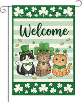 Cat Welcome St Patricks Day Garden Flag Lucky Shamrock Irish March Garden Flag St Patricks Day Double Sided Outdoor House Flag for Outside Yard Decorations 12×18 Inch
