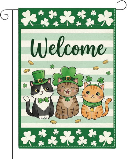 Cat Welcome St Patricks Day Garden Flag Lucky Shamrock Irish March Garden Flag St Patricks Day Double Sided Outdoor House Flag for Outside Yard Decorations 12×18 Inch
