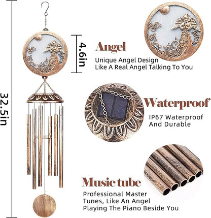 FSVGYY Solar Angel Wind Chimes for Outside-Memorial Wind Chimes- Memorial Wind Chime for Garden/Patio Decor Gifts for Mom Women-Loss of Loved One (33 Inch Deep Tone)
