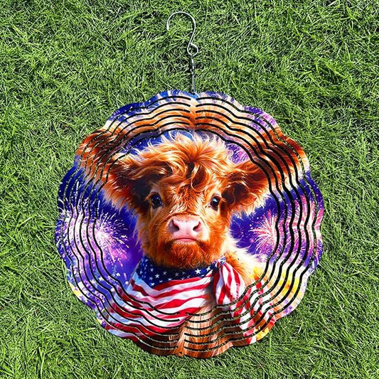 Wind Spinners Cow Fireworks Red White Blue Art 9.8 x 9.8 Inch Metal Wind Spinner Outdoor Garden Decor Festive Illustration Decorative Wind Spinners for Yard Patio