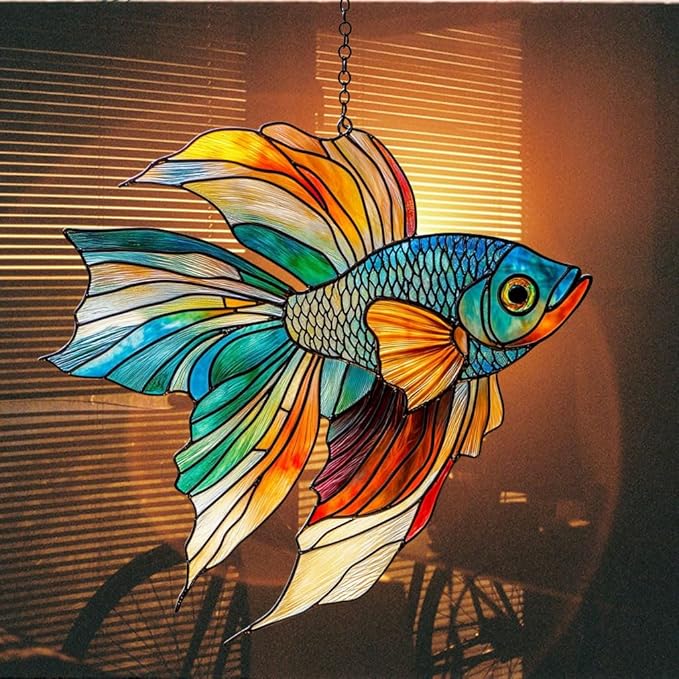 Beta Fish Acrylic Suncatcher Stained Glass Effect Window Car Hanging Christmas Ornament Indoor Outdoor Decor Garden Sun Catcher Panel for Acrylic Suncatcher Lover for Women Mom Grandma