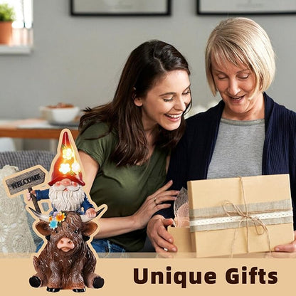 Solar Highland Cow Statue with Gnome Holding Welcome Sign Resin Highland Cow Figurines 9.2" Waterproof for Outdoor Lawn Yard Porch Patio Decor Housewarming Gifts for Women Mom Grandma