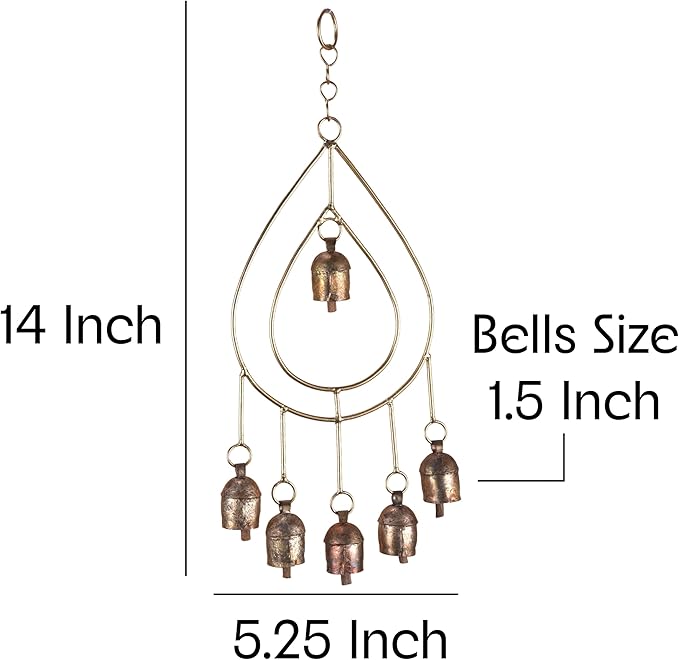 Metal Wind Chimes for Outside – Deep Tone Garden Decor – Rustic Finish Bronze Yard Decorations Outdoor – 14 Inch Hanging Windchime for Porch Patio Balcony – Gold Chimes with 6 Decorative Bells