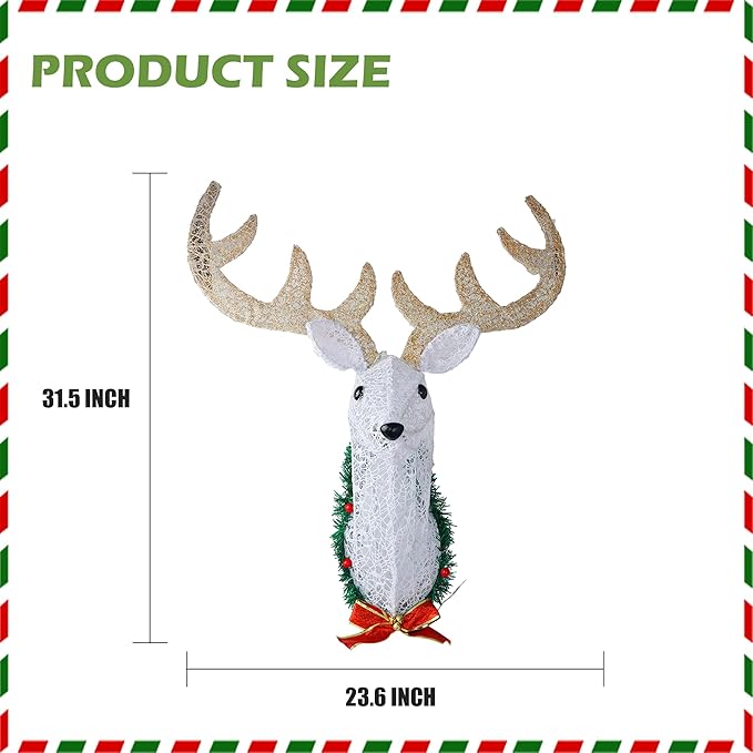 Hourleey Lighted Christmas Wall Decoration Reindeer Head, 32" 3D Battery Operated Rudolph Hanging Wreath with 8 Modes, Light Up Christmas Decor for Outdoor Indoor Front Door Window Xmas