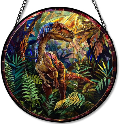 Stained Glass Window Hanging - Raptor Dinosaur in Jungle Scene Sun Catchers Indoor Stained Glass Panels Wall Decor for Mom Wife Lovers Festive