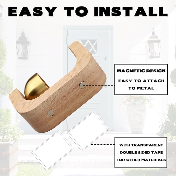 2Pcs Magnetic Wooden Doorbell with Brass Bell, Beech Wood Entry Alert Chime for Home and Office, Decorative Shopkeepers Bell for Retail Shop, Minimalist Door Opening Bell with Adhesive Backing