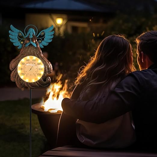 MUMTOP Indoor Outdoor Thermometer - Angel Wall Thermometer, Solar Lights Decorative Temperature Thermometer with Garden Stake for Patio, Room, Greenhouse, Outside Decor