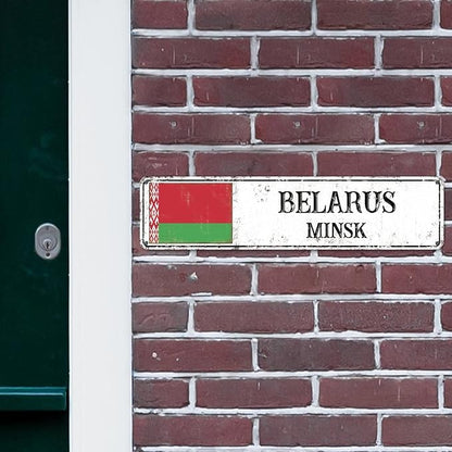 Personalized Belarus Street Sign Belarus Flag Signs Capital City of Belarus Metal Sign Road Vintage Metal Rustic Wall Art Country City Indoor & Outdoor Decor for Home Man Cave Door Porch 24x6in