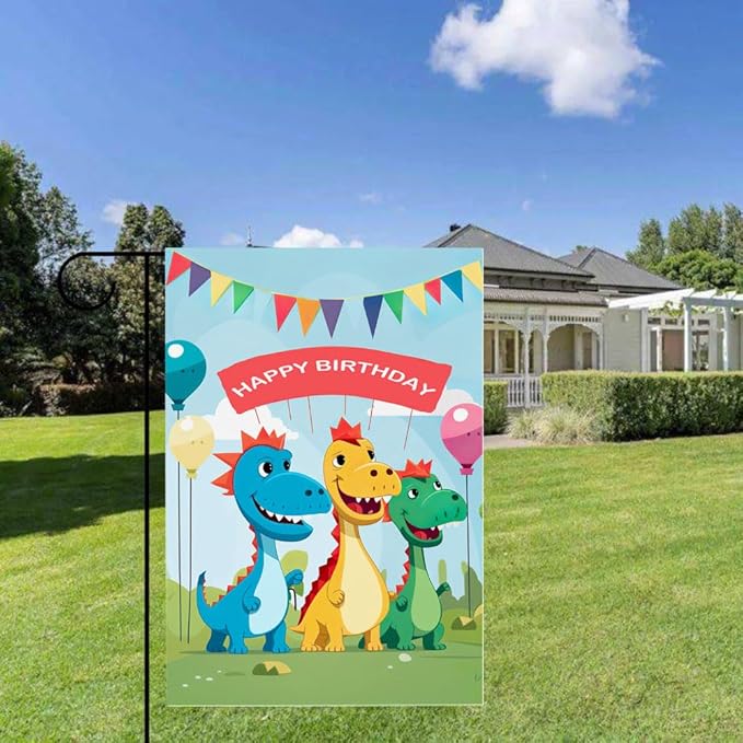 Gkyygk Dinosaur Happy Birthday Garden Flag 12 x 18 Inch Double Sided Welcome Banners Farmhouse Holiday Outside Decor Burlap Yard Flag