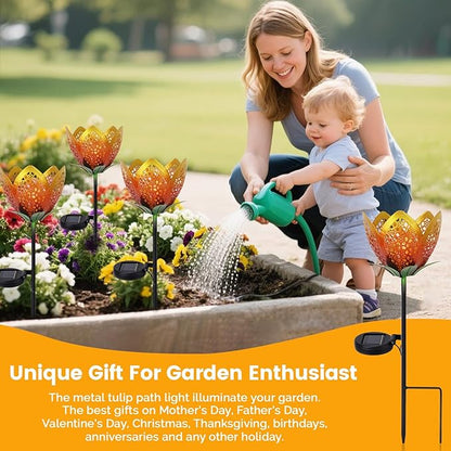 Outdoor Solar Tulip Light, Crackle Globe Glass Metal Flower Decorations Lights for Lawn Ornaments, LED Lotus Hollow Petal Stake Light for Patio Yard Lawn Walkway Ground (Tulip - 2pcs)