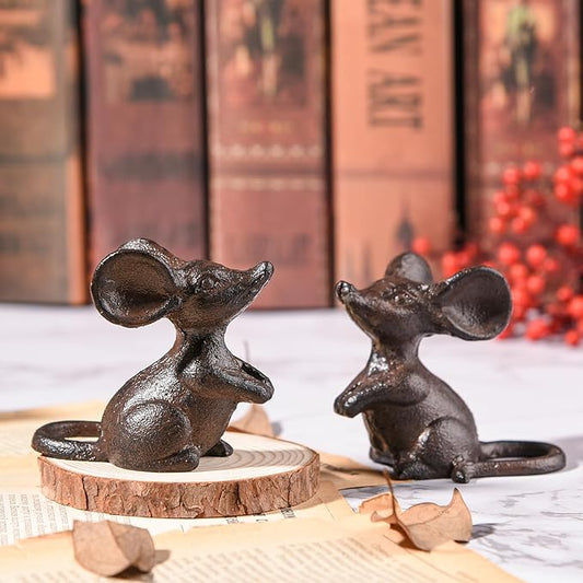 Sungmor Cast Iron Little Cute Mouse Ornament - Decorative & Lovely Figurine Indoor Outdoor Statues - Interesting Animal Sculpture Home Decoration - 2PC Pack & Brown Color