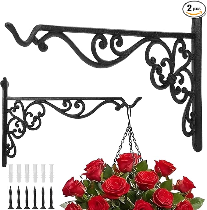 Landhoow 2 Pcs 15.6" Large Cast Iron Hanging Outdoor Wall Hanger Black Heavy Duty Basket Hook Braces Vintage Decorative Shelf Garden Planter Flower Hook for Pot Lantern Wind Chime Hummingbird Feeder
