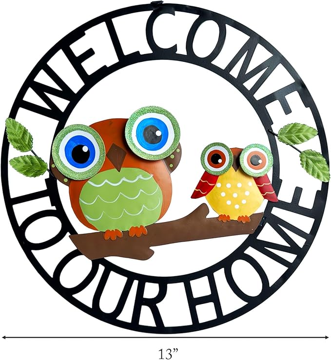 Rustic Metal Hand-Painted Owls Wreath Wall Art Decor Front Door Wreaths Garden Shop Welcome Sign Door Hanger Indoor Outdoor Decoration