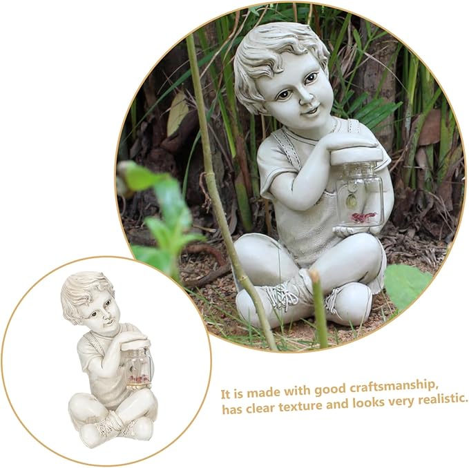 Resin Solar Sculpture with Jar Decor Outdoor Figurine Solar Powered Ornament for Flowerbed Statue for Parties and Lawn Decor