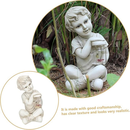 Resin Solar Sculpture with Jar Decor Outdoor Figurine Solar Powered Ornament for Flowerbed Statue for Parties and Lawn Decor