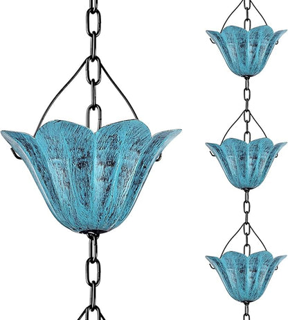 Rain Chains for Gutters Outside 8.5FT Rain Catcher Chain with 12 Blue Tulip Cups Decorative Replacement for Downspout