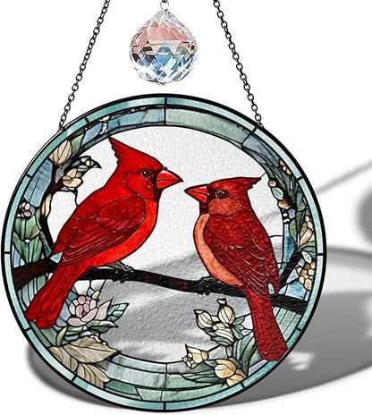 7.8" Cardinal Stained Glass Suncatchers, Red Birds and Flower Art Glass Sun Catcher for Window Hanging, Gifts for Bird Lovers Women Grandma Mom, Memorial Keepsake Painted Panel Décor BIRD-02B-SG8