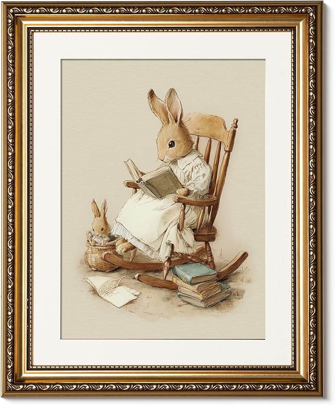 ARPEOTCY Vintage Gold Framed Wall Art, Easter Rabbit Reading Paintings, Canvas Prints Artwork with Antique Frame, Victorian Wall Picture Decor for Nursery Gallery Living Room, 13x16 inch