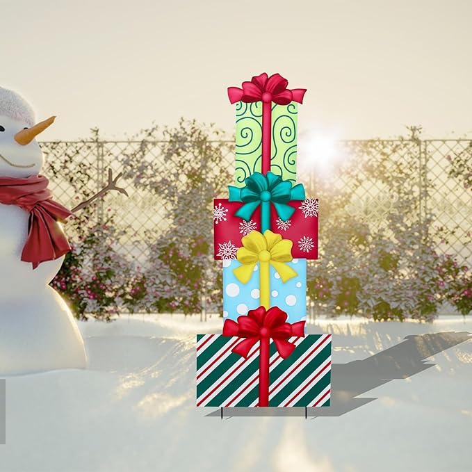 WONDER GARDEN 4PCS Box Sign, Metal Box Yard Stakes, Stacked or Detachable Garden Stakes Yard Signs, Outdoor Christmas Decorations for Lawn Party Outside