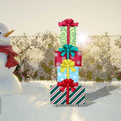 WONDER GARDEN 4PCS Box Sign, Metal Box Yard Stakes, Stacked or Detachable Garden Stakes Yard Signs, Outdoor Christmas Decorations for Lawn Party Outside