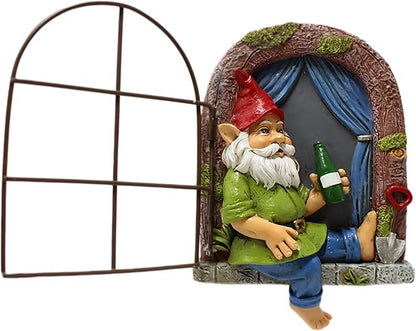 Spring 2026 Garden Gnome Window Statue for Trees and Wall, Drinking Dwarf Fairy Miniature Accessories, Patio Art Sculpture Decor for Lawn Yard