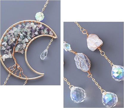 TUOKING Crystal Moon Suncatchers for Window Hanging Tree of Life Natural Healing Stones Wind Chimes Sun Catcher Rainbow Maker Good Luck Gifts Decor for Home Garden