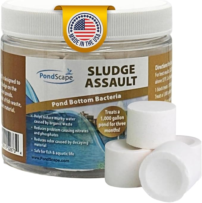 PondScape Sludge Assault Pond Cleaner – Pond Muck & Sludge Remover, Improves Water Clarity, Reduces Odors & Nitrates, Suitable for Koi, Fish & Aquatic Life – Treats 12,000 Gallons – 12 x 1oz Blocks