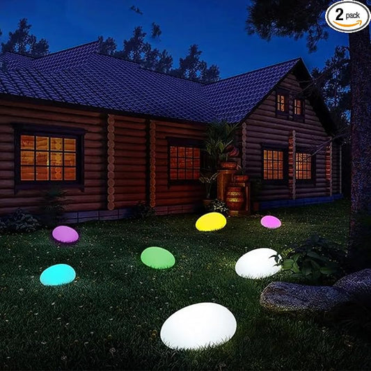 Solar Lights, Pebbles, Outdoor Waterproof Landscape Night Lights for Garden Paths, Stairs, Lawns, Patios, Yard Party Decorations, 2 Pack (Color Light)
