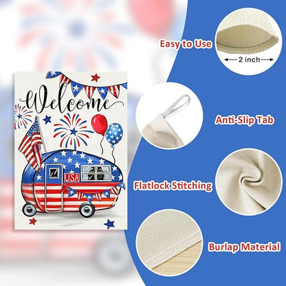 Welcome 4th of July Camping Patriotic Decorative House Flag, America Camper RV Stars Stripes Garden Yard Outside Decorations, American USA Campsite Outdoor Large Home Decor Double Sided 28 x 40